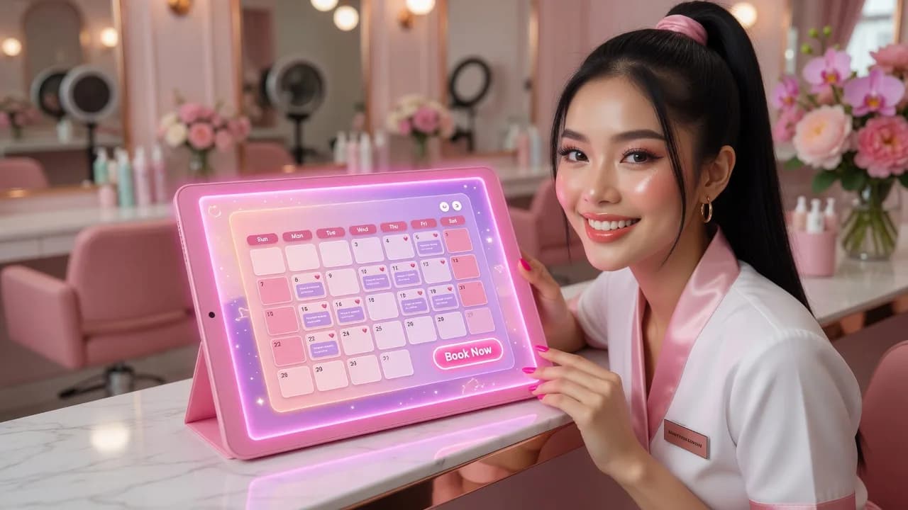 Lễ tân spa đặt lịch trên tablet