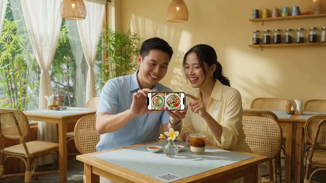 Khách quét QR order tại bàn cafe