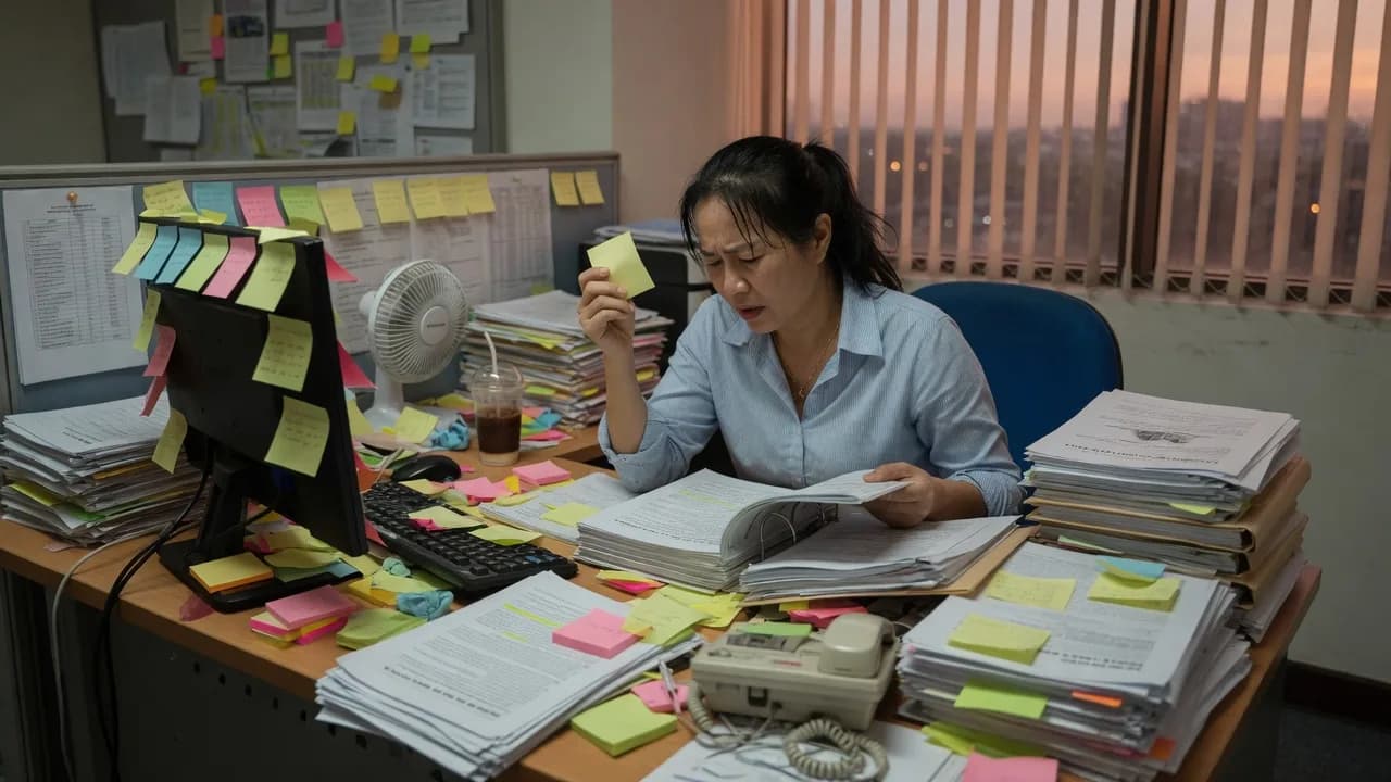 Nhân viên ngộp tài liệu giấy và sticky note