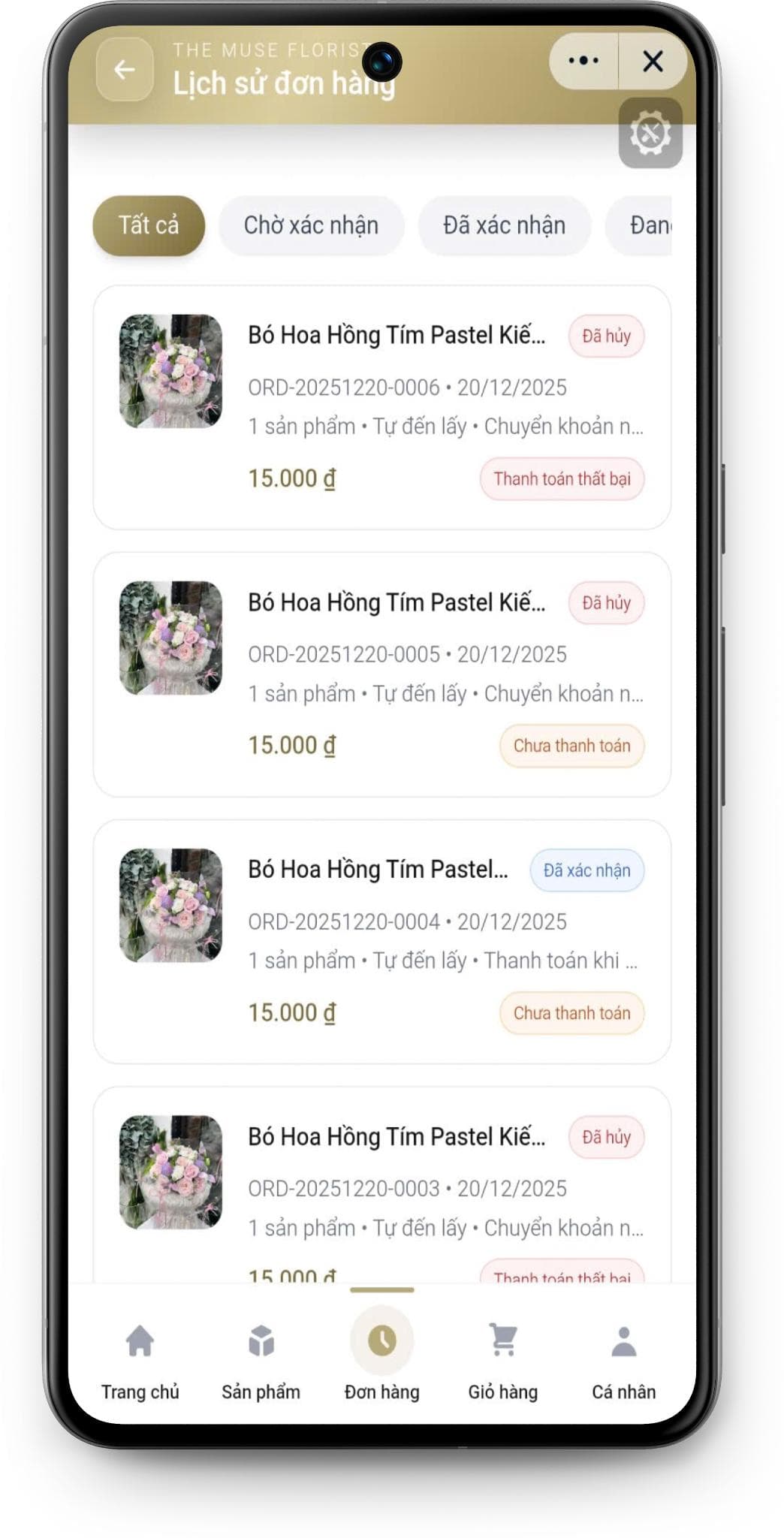 Màn Hình Lịch Sử Đơn Hàng